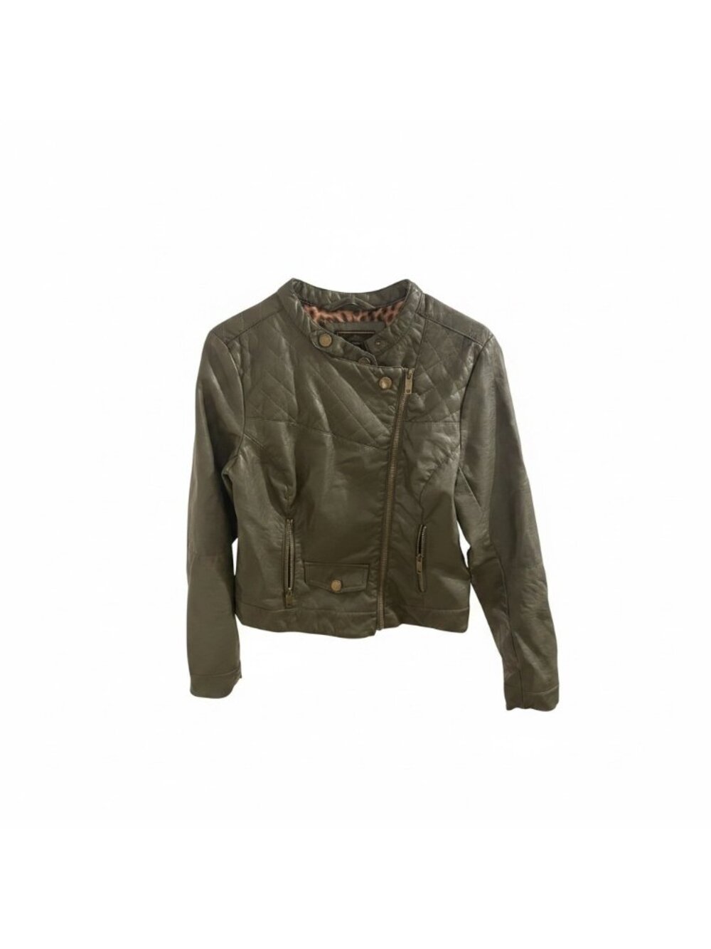 Dollhouse Brown Faux Leather Moto Jacket Leopard Lining Womens Size M AS IS